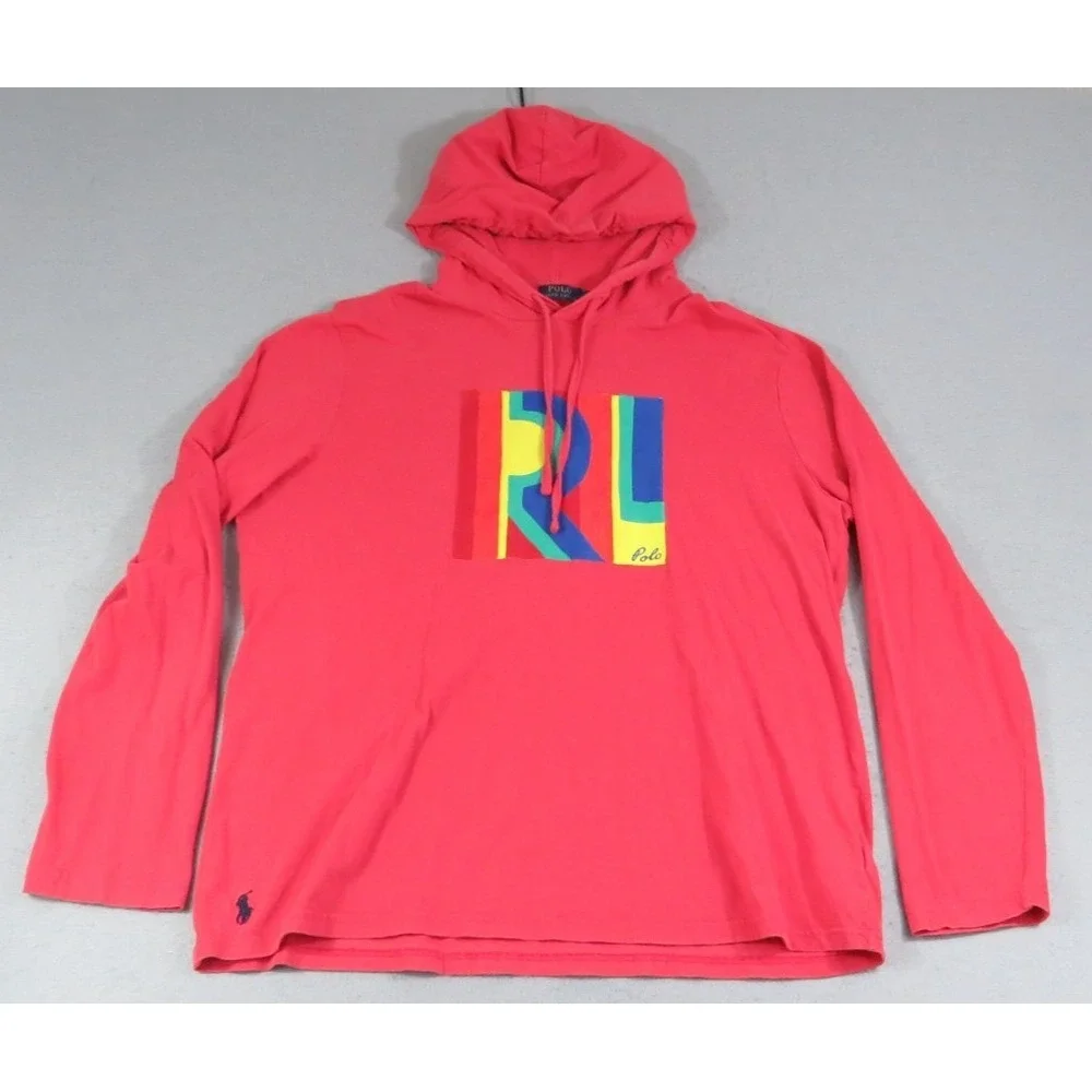 Polo Ralph Lauren RL Logo Hooded T Shirt XL Pink Long Sleeve Pony Cotton Men Top